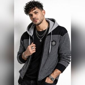 Nwt Ed Hardy Mens Patch Knitted Striped Zip Up Hoodie Sweater Wool